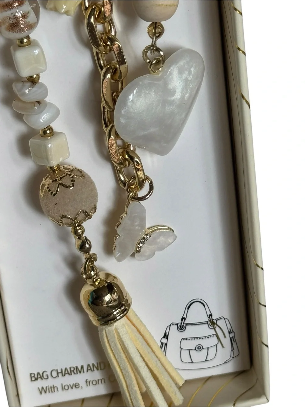 eye candy Beige & Gold Beaded Heart Tassel Key Charm